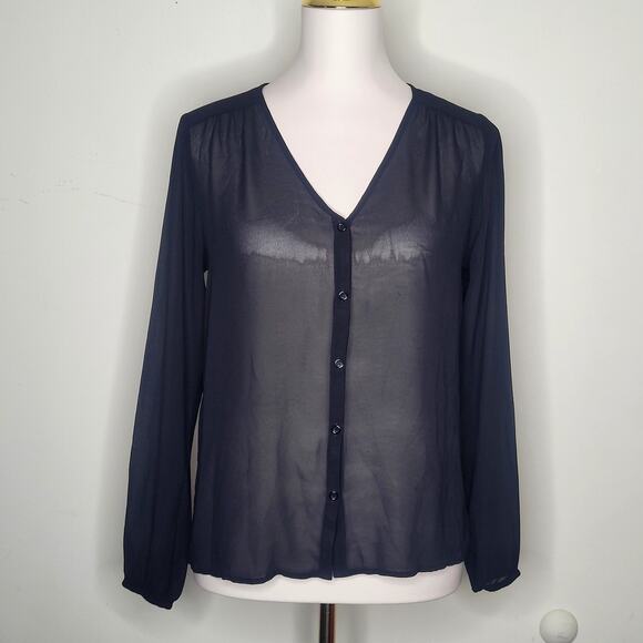 Forever 21 XS Black Sheer 3/4 Sleeve‎ V Neck Button Down Top Whimsigoth Office - Picture 1 of 6